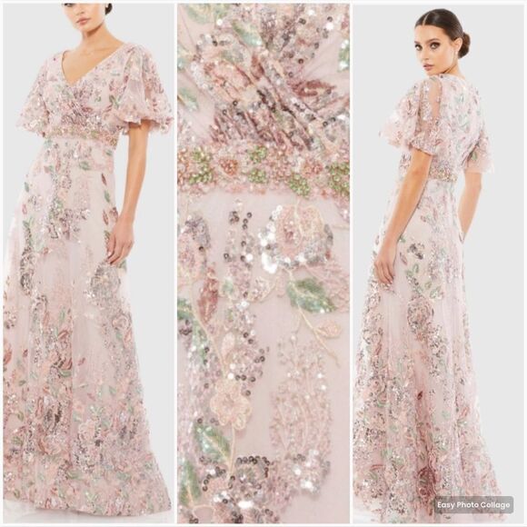 Mac Duggal Womens Pink Floral Embellished Short Sleeve Gown 67880 Runs Small - Picture 1 of 16